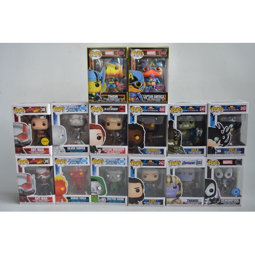 161 - Fourteen boxed Funko Pop figurines to include Marvel Thor Ragnarok, Black Widow, Fantastic Four, Cap... 