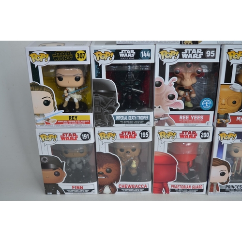 156 - 15x boxed Star Wars Funko Pop figurines to include Chewbacca, First Order Stormtrooper, Maz Kanata, ... 