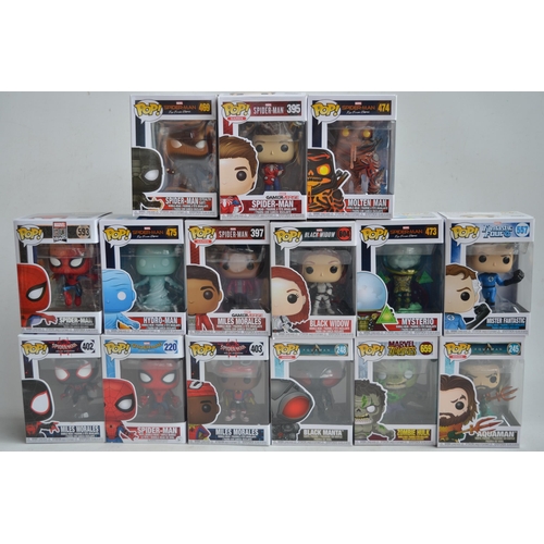 162 - Fifteen boxed Funko Pop figurines to include Marvel Fantastic Four, Spiderman, Aquaman, Marvel Zombi... 