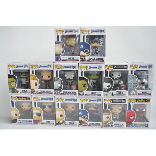 166 - Fourteen boxed Funko Pop Marvel Avengers figurines to include Korg, Iron Spider, Captain America, Th... 