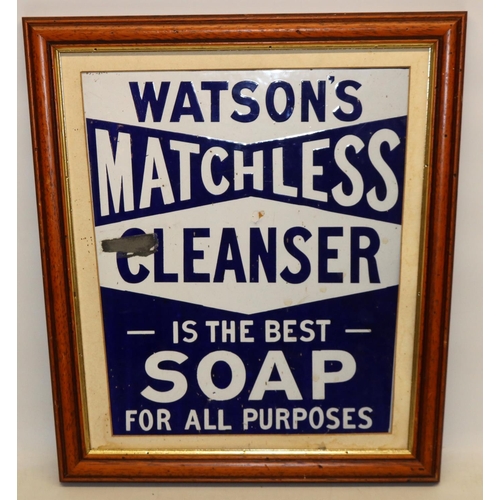 182 - Framed Watsons Matchless Cleanser enamel sign, 37cm x 41cm