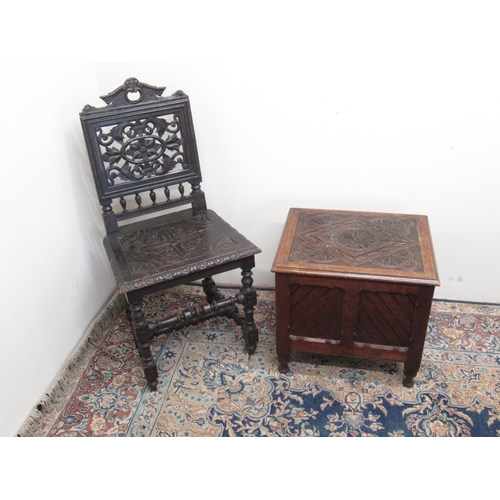 775 - Victorian oak side chair with pierced scroll carved and balusters turned back, and carved solid seat... 