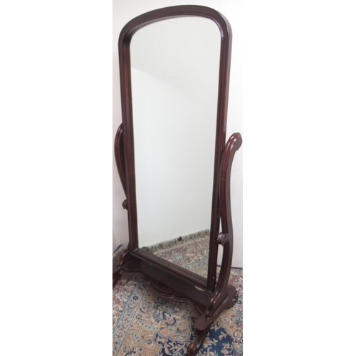 781 - Victorian style cheval mirror, arched plate on scrolled supports and feet, H170cm W75cm