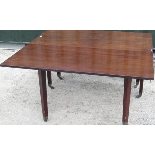 790 - Large George 111 style mahogany gateleg dining table with two drop leaves, on square supports with b... 