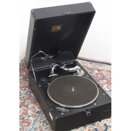 770 - HMV black cased table top windup gramophone, with chrome accessories, W30cm D41cm H18cm