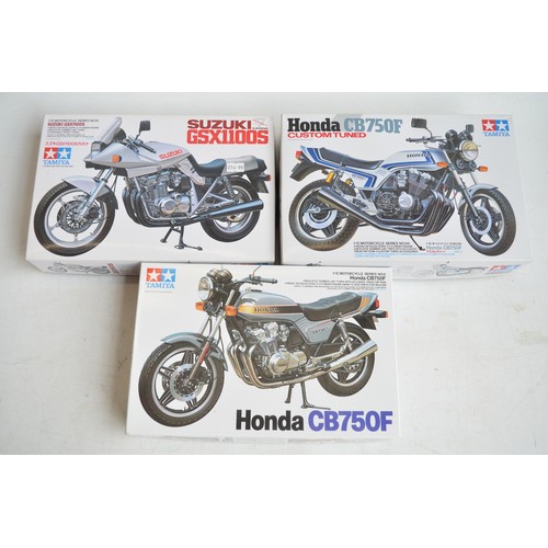 189 - Three un started 1/12 Tamiya motorcycle kits to include Honda CB750F (all bags factory sealed), Cust... 