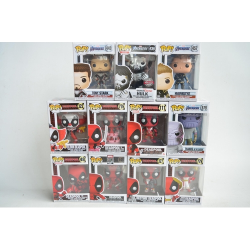 167 - Eleven boxed Funko Pop figurines to include Marvel Deadpool and The Avengers