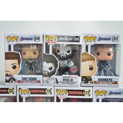 167 - Eleven boxed Funko Pop figurines to include Marvel Deadpool and The Avengers