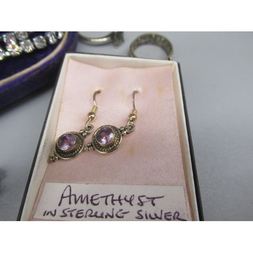 616 - Pair of silver and amethyst drop earrings, a collection of costume jewellery including faux pearls, ... 