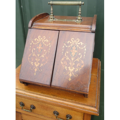 791 - Edwardian inlaid mahogany slope front coal box, brass swing handle opening two inlaid doors, with ti... 