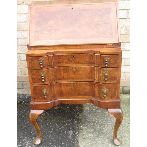 798 - Small C18th style burr walnut bureau, fall front above three long drawers, on cabriole legs with pad... 