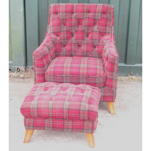 801 - Modern Rodgers of York Selkirk arm chair and matching stool, upholstered in Orkney Claret check fabr... 