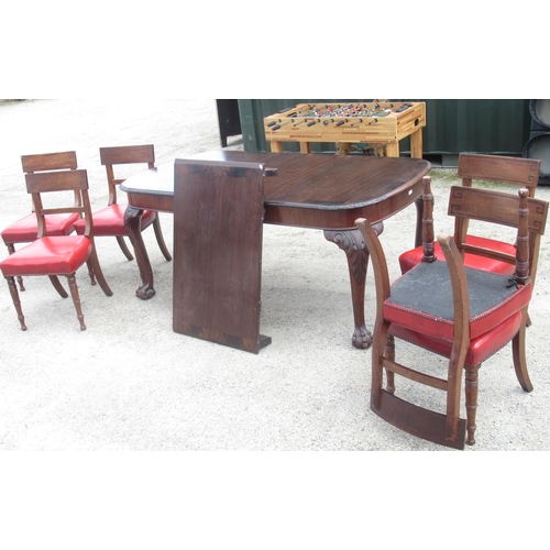 813 - George 111 style mahogany extending dining table, shaped top on scroll carved cabriole legs with cla... 