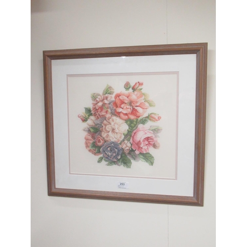 839 - Two cross stitch still life studies of flowers, 33cm x 35cm (2)