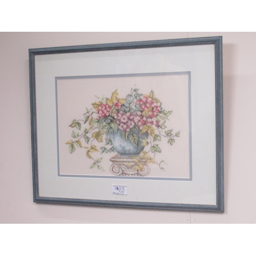 839 - Two cross stitch still life studies of flowers, 33cm x 35cm (2)