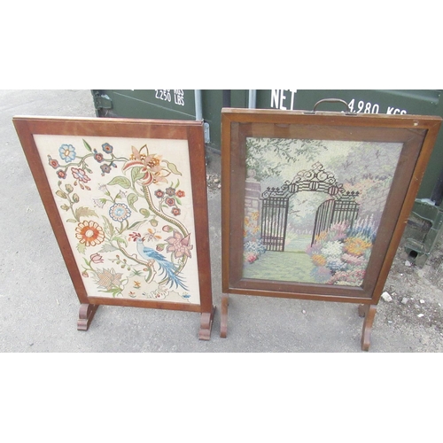 840 - Two C20th fire screens with inset needlework panels, W38.5cm H77cm & W52cm H82cm