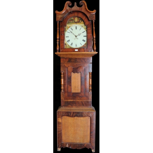 846 - C19th mahogany and oak long cased clock, arched painted Roman dial inscribed verso 'J R 1852' with f... 