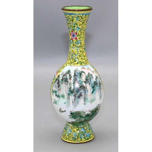 346 - Chinese Canton enamel vase, painted with panels of mountainous landscapes, on a yellow ground, H17cm