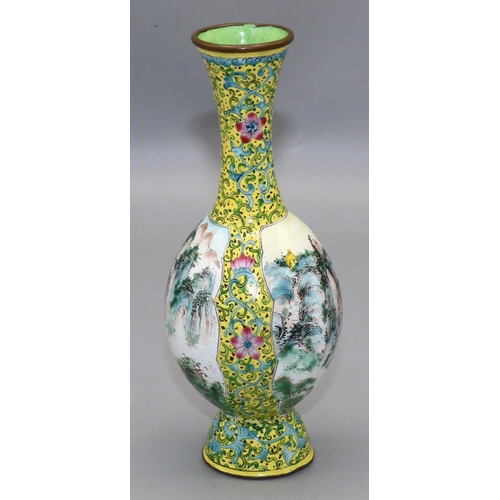 346 - Chinese Canton enamel vase, painted with panels of mountainous landscapes, on a yellow ground, H17cm