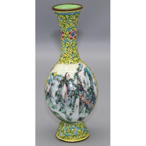 346 - Chinese Canton enamel vase, painted with panels of mountainous landscapes, on a yellow ground, H17cm