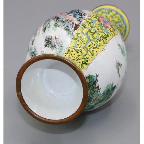 346 - Chinese Canton enamel vase, painted with panels of mountainous landscapes, on a yellow ground, H17cm