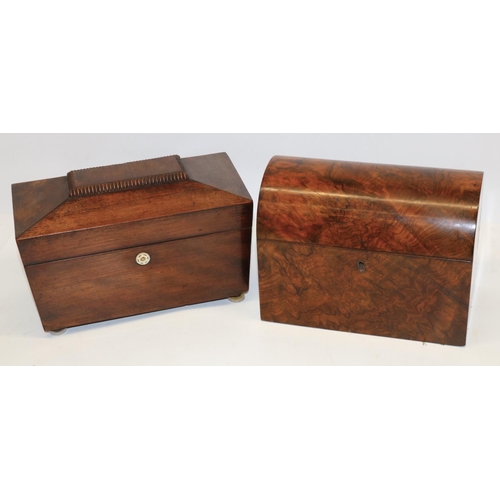 347 - Two C19th tea caddies: burr wood two-division tea caddy with domed lid, L23cm; and a rosewood sarcop... 