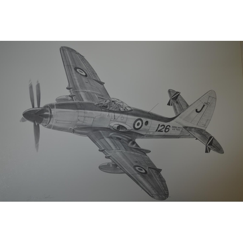 762 - Collection of 36 post war/Cold War and modern era related aviation pencil sketch prints by Geoff Ple... 