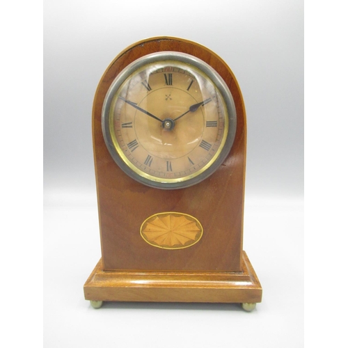 1413 - H.A.C.- Edwardian inlaid mahogany timepiece, signed celluloid Roman dial with outer rail rack minute... 