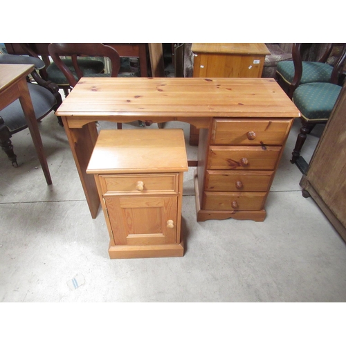 850 - Modern pine single pedestal dressing table and a similar bedside cabinet, W106cm D40cm H74cm