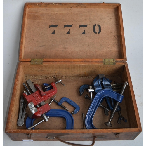 1371 - Wooden case with Paramo A-One vice, three other vices and three Made in England G clamps