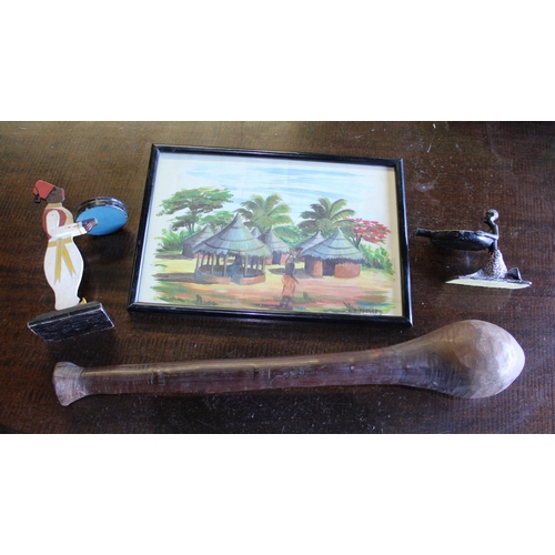 271 - C20th African drinking horn L31cm, small painted African shield H32.5cm and a collection of other Af... 