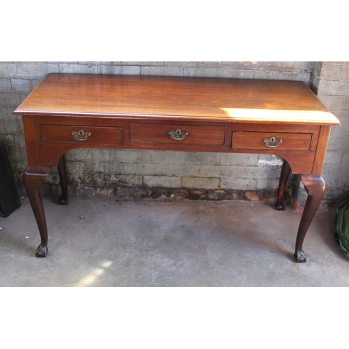 797 - C19th mahogany side table, three drawers with brass handles, on cabriole legs with claw and ball fee... 