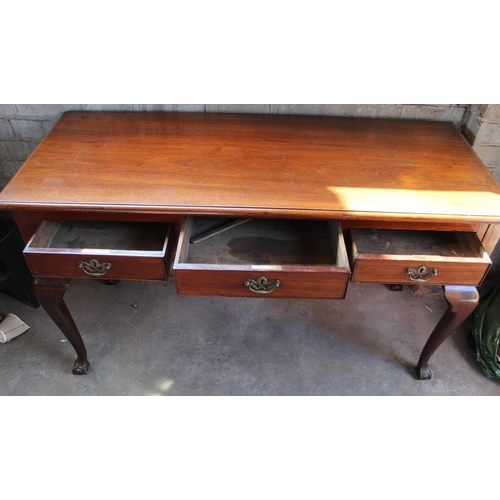 797 - C19th mahogany side table, three drawers with brass handles, on cabriole legs with claw and ball fee... 