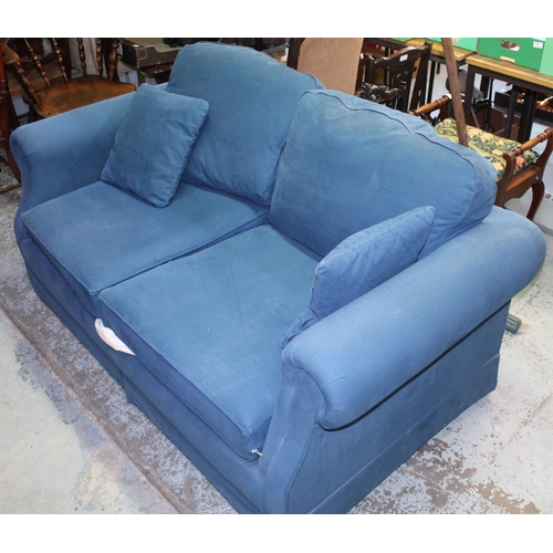 847 - Modern blue upholstered two-seat metal framed sofa bed,  W165cm D89cm H90cm