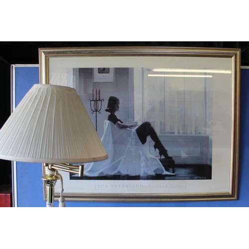 808 - Brass floor lamp, Jack Vettriano print and a wrought metal starburst convex wall mirror (3)