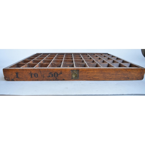 13 - Vintage wood railway ticket tray, 1-50 with recessed brass pull handle. 54.5cm x 43.2cm