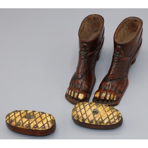 1112 - Pair of C19th carved treen snuff boxes in the form of ladies feet in open toed shoes, inset bone toe... 