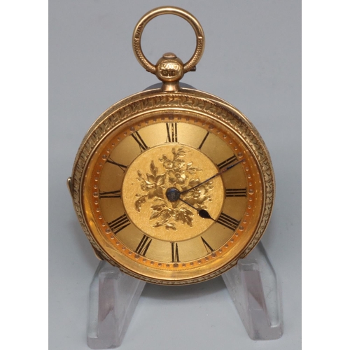 1043 - 18ct gold hallmarked open faced key wound fob watch, floral and engine turned Roman dial, movement a... 