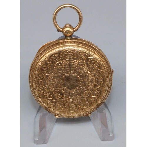 1043 - 18ct gold hallmarked open faced key wound fob watch, floral and engine turned Roman dial, movement a... 