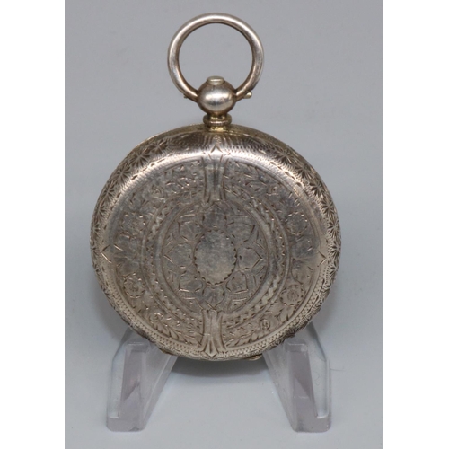 1048 - Silver open faced key wound pocket watch, with floral and engine turned Roman dial, engraved case st... 
