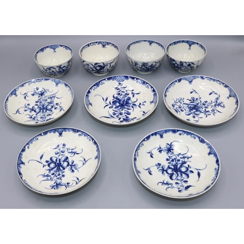 1142 - Four early Worcester Mansfield pattern blue and white tea bowls and five saucers, with Crescent or s... 