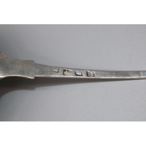 1057 - George 111 hallmarked silver Fiddle pattern soup ladle, engraved with crest, London probably 1768, L... 