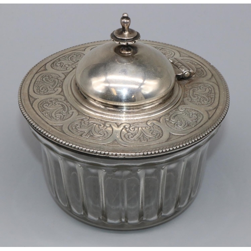 1064 - Victorian hallmarked silver mounted clear glass honey pot, beaded scroll engraved mount with hinged ... 