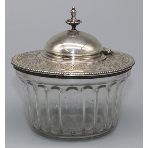 1064 - Victorian hallmarked silver mounted clear glass honey pot, beaded scroll engraved mount with hinged ... 