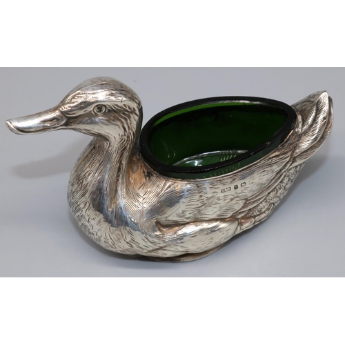 1063 - Edwardian hallmarked silver novelty salt in the form of a duck, by Crisford & Norris Ltd, Birmingham... 