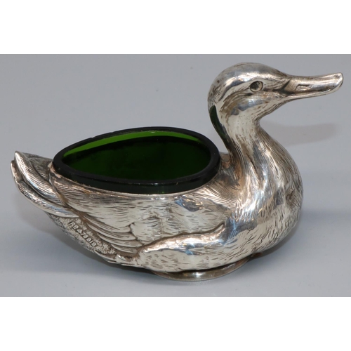 1063 - Edwardian hallmarked silver novelty salt in the form of a duck, by Crisford & Norris Ltd, Birmingham... 