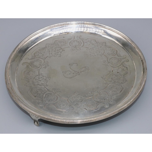 1069 - George 111 hallmarked silver circular salver, engraved with a band of shell and scrollwork within a ... 