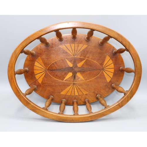 1116 - Early C20th wooden oval openwork bread basket, base inlaid with fan and star and with baluster turne... 