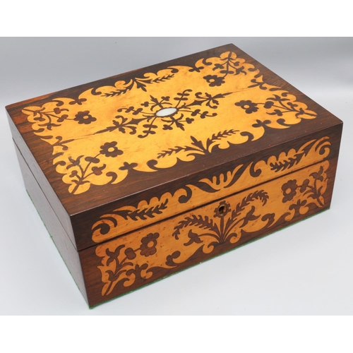 1117 - Victorian satinwood inlaid rosewood rectangular sewing box, hinged top with mother of pearl cartouch... 