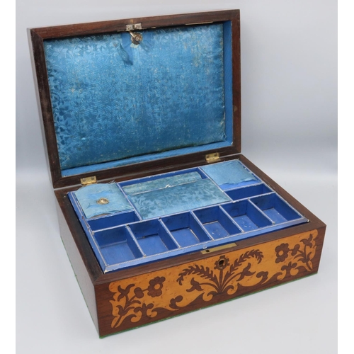 1117 - Victorian satinwood inlaid rosewood rectangular sewing box, hinged top with mother of pearl cartouch... 